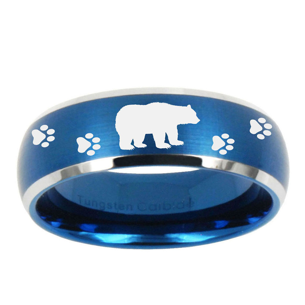 10mm Bear and Paw Dome Brushed Blue 2 Tone Tungsten Ring