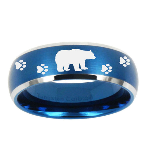 10mm Bear and Paw Dome Brushed Blue 2 Tone Tungsten Ring