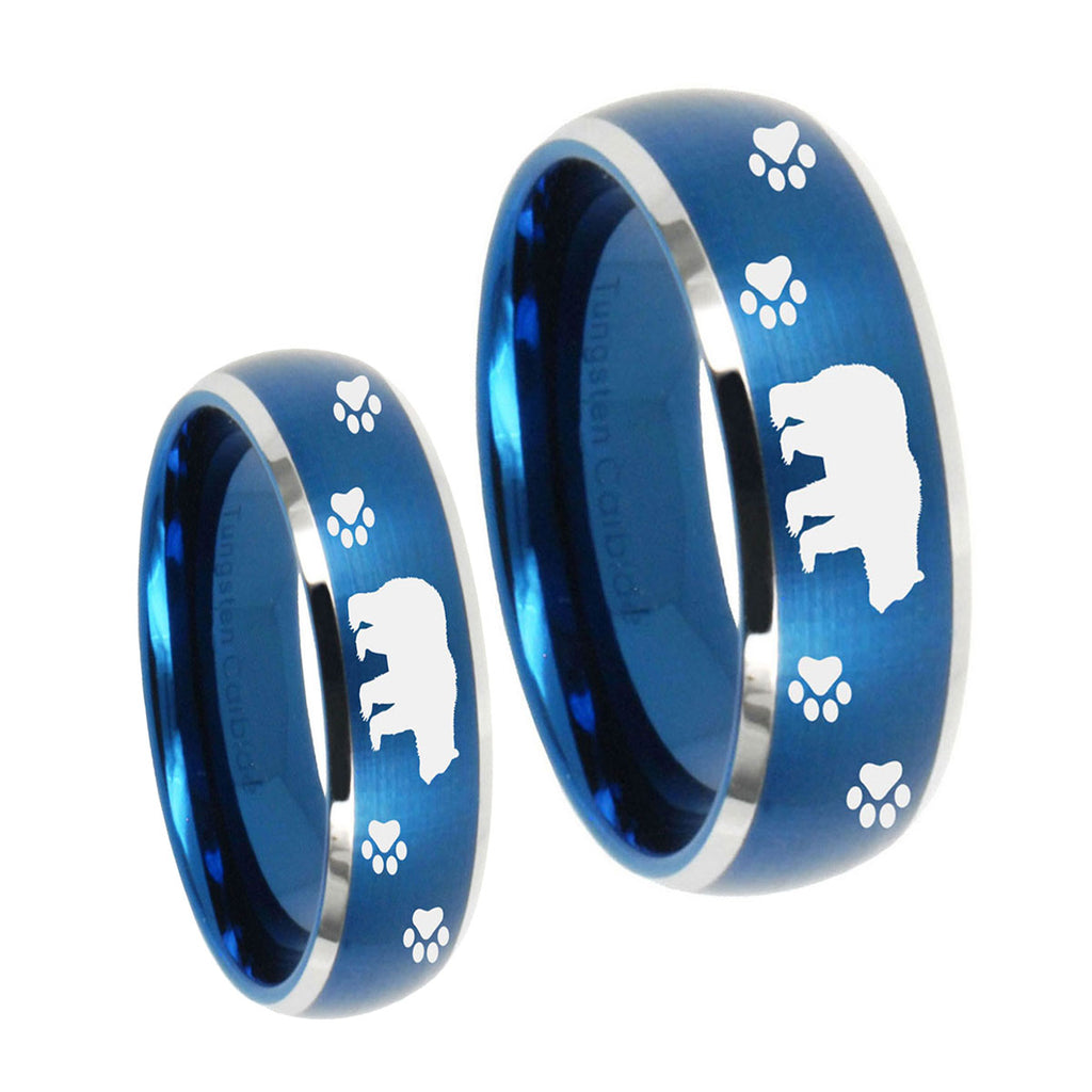 Bear and Paw Dome Brushed Blue 2 Tone Tungsten Matching Ring Set