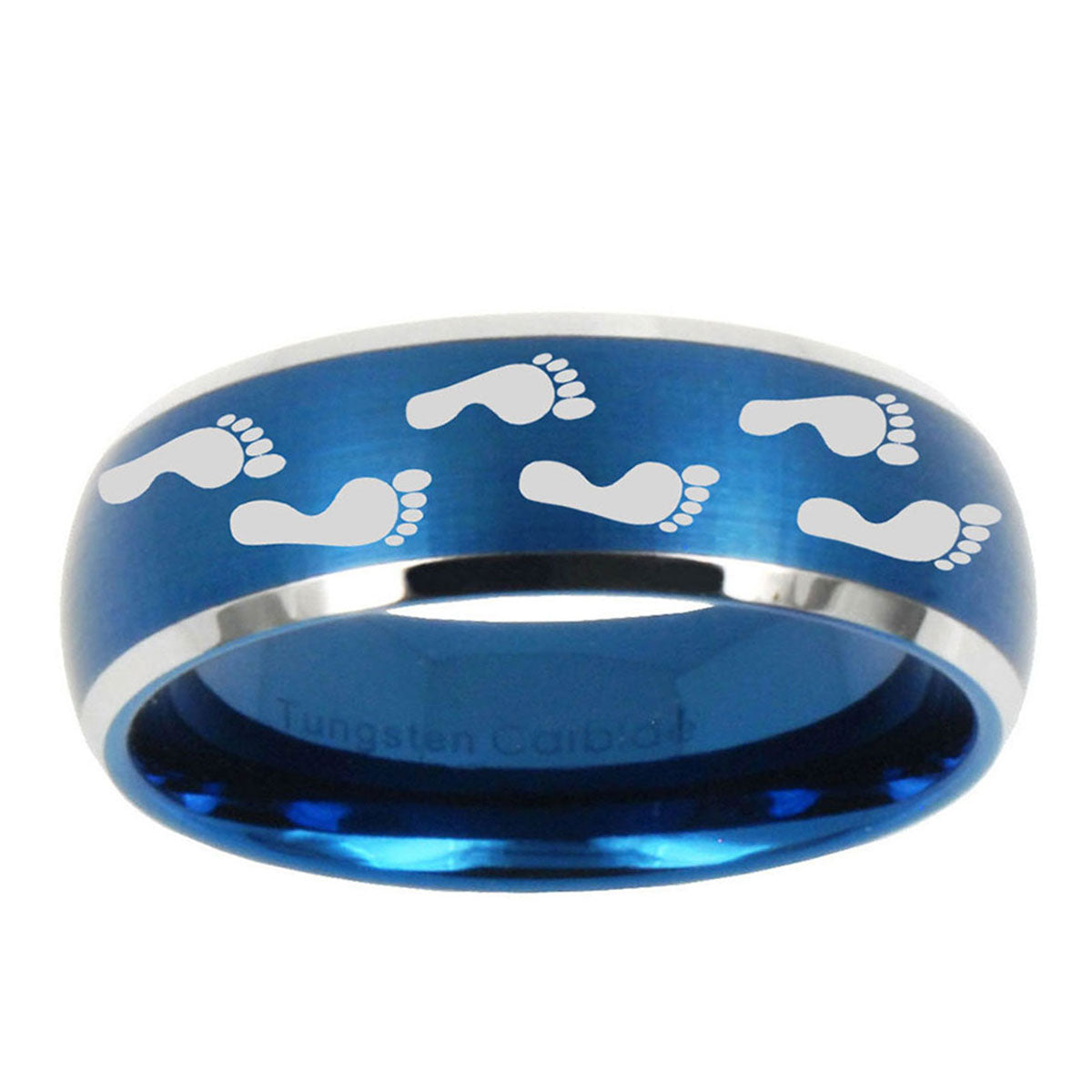 5MMFoot Print Dome Brushed Blue 2 Tone Tungsten Men's Bands Ring