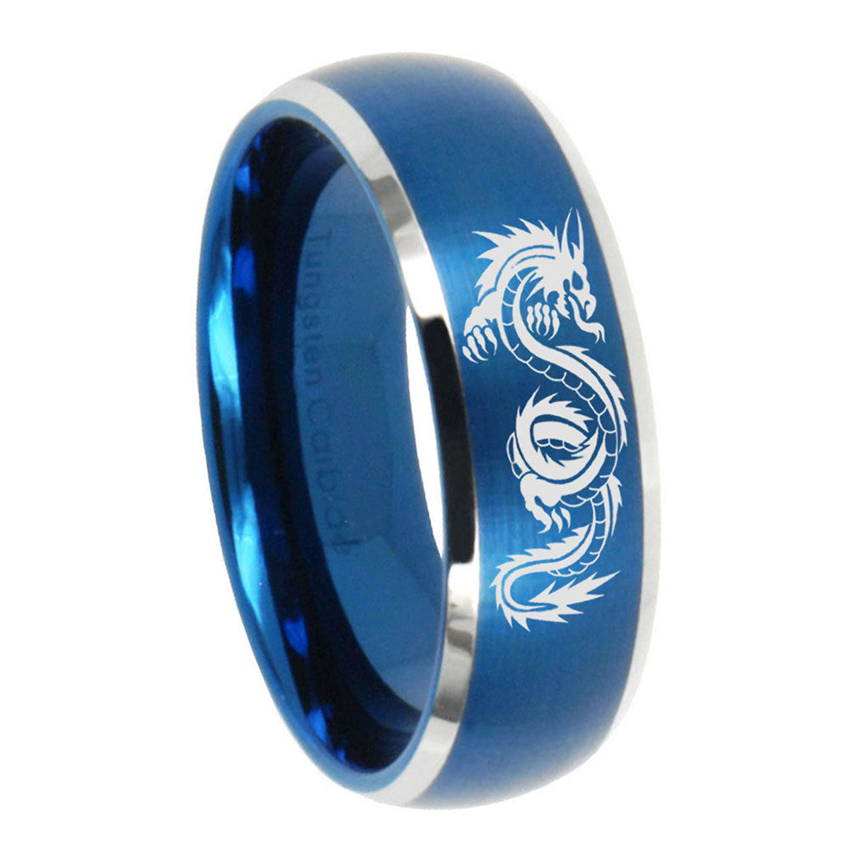 10mm Dragon Dome Brushed Blue 2 Tone Tungsten Carbide Mens Engagement Band