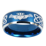 8mm-Irish-Claddagh-Dome-Brushed-Blue-2-Tone-Tungsten-Carbide-Mens-Ring-Personalized