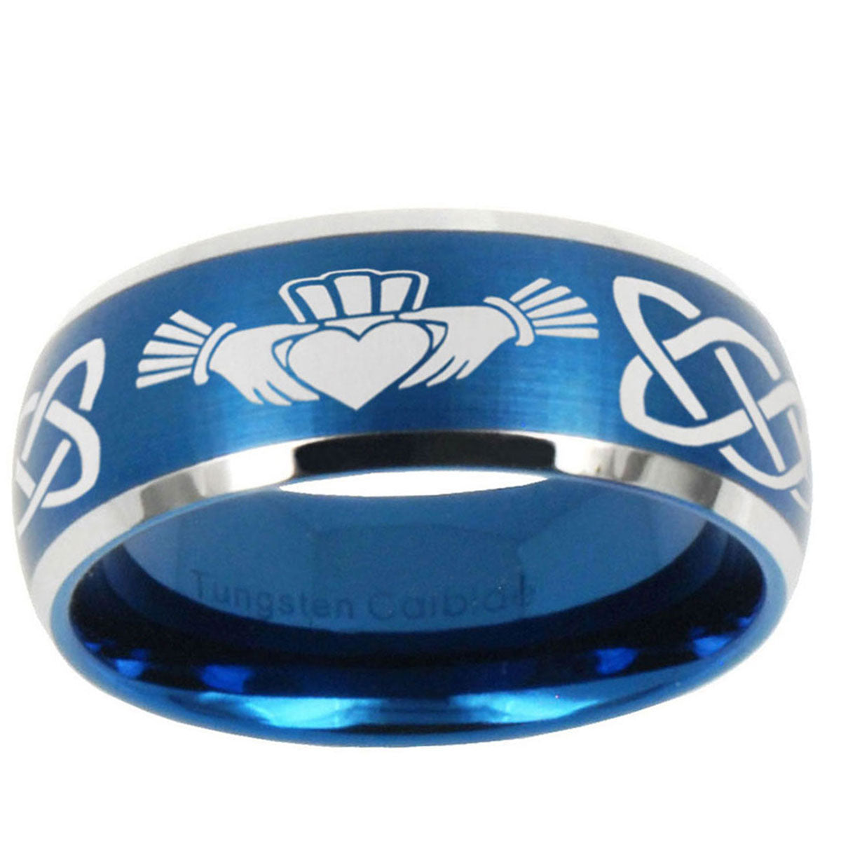 5MMIrish Claddagh Dome Brushed Blue 2 Tone Tungsten Mens Ring 