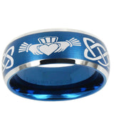 10mm Irish Claddagh Dome Brushed Blue 2 Tone Tungsten Mens Wedding Band