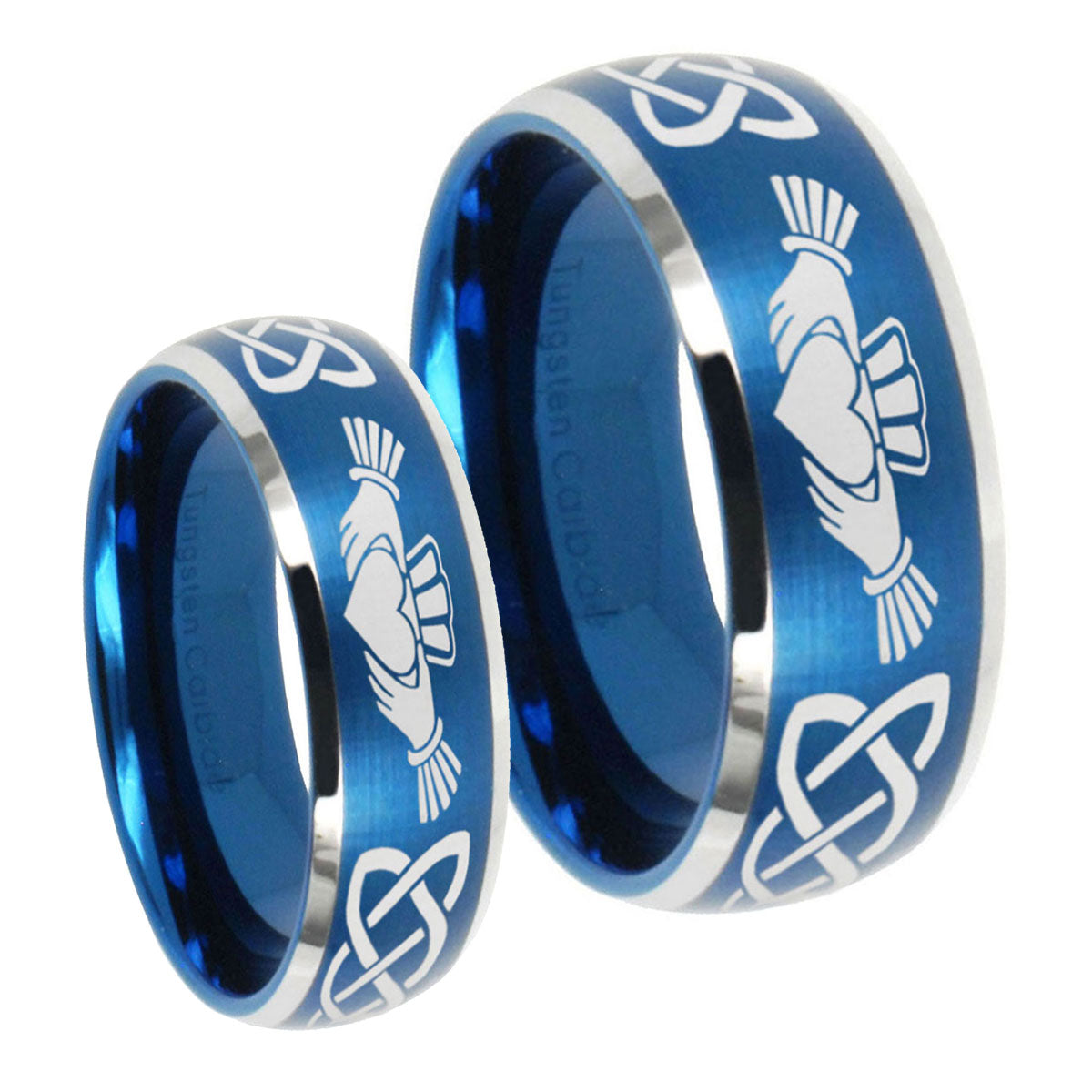 Irish Claddagh Dome Brushed Blue 2 Tone Tungsten Couples Ring Set