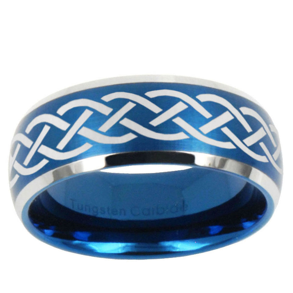 10mm Celtic Knot Dome Brushed Blue 2 Tone Tungsten Mens Wedding Band