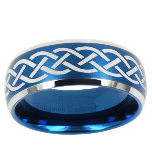 10mm Celtic Knot Dome Brushed Blue 2 Tone Tungsten Mens Wedding Band