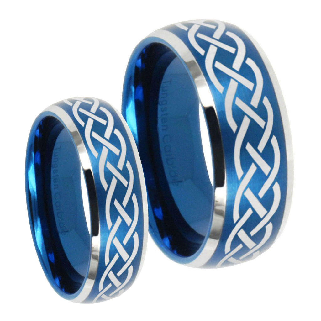 Celtic Knot Dome Brushed Blue 2 Tone Tungsten Promise Ring Set