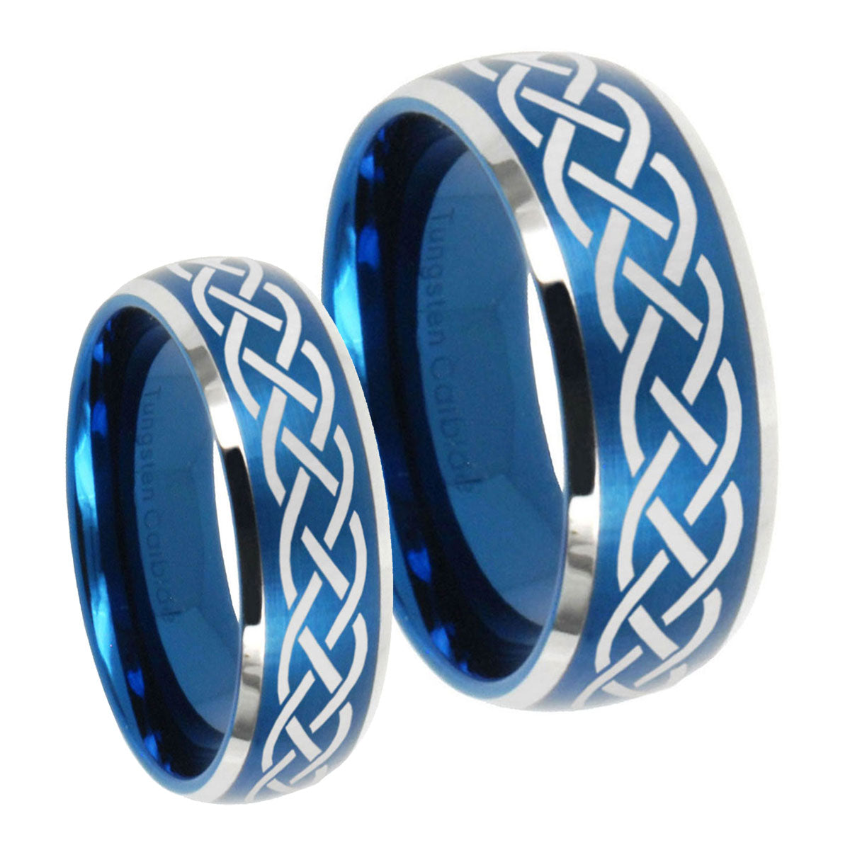 Celtic Knot Dome Brushed Blue 2 Tone Tungsten Promise Ring Set