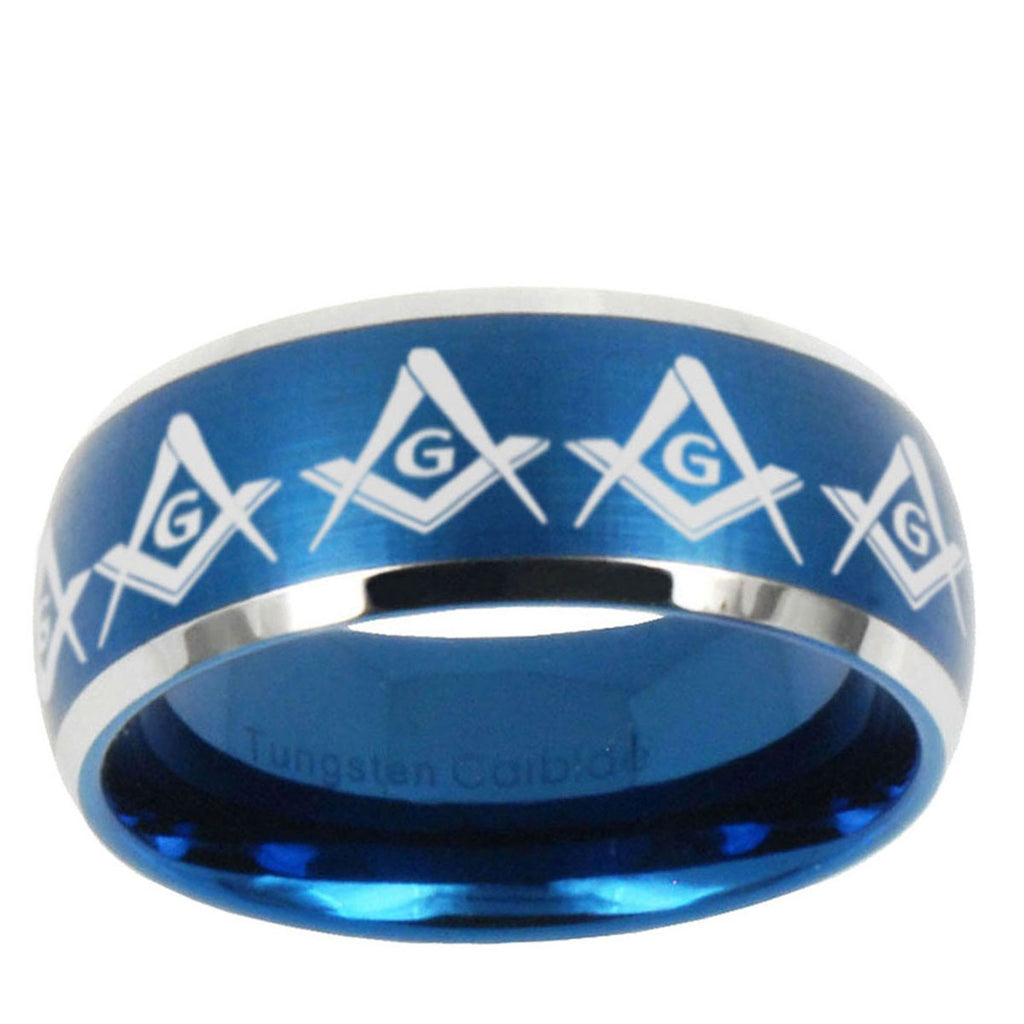 5MMMasonic Square Compass Dome Brushed Blue 2 Tone Tungsten Ring