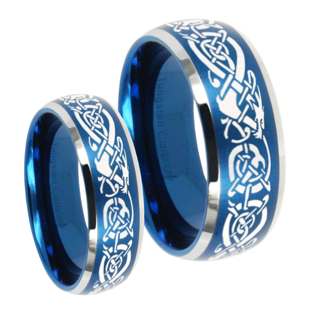 Celtic Knot Dragon Dome Brushed Blue 2 Tone Tungsten Bridal Band Set