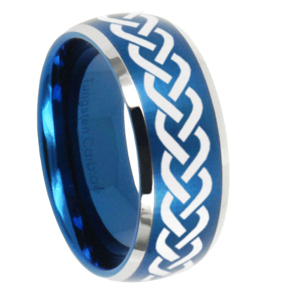 8MM Laser Celtic Knot Dome Brushed Blue 2 Tone Tungsten Ring