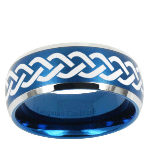 10mm Laser Celtic Knot Dome Brushed Blue 2 Tone Tungsten Mens Wedding Band