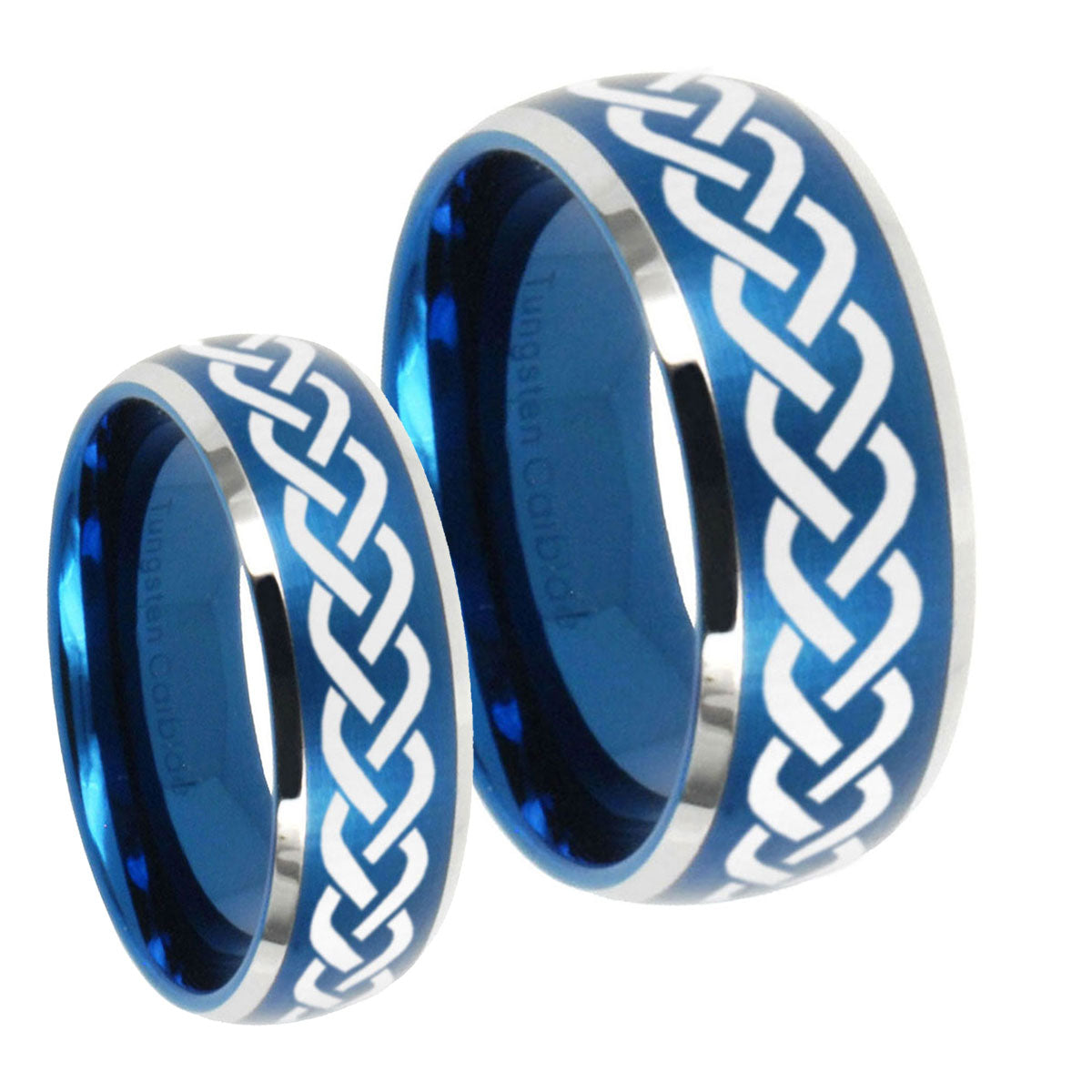 Laser Celtic Knot Dome Brushed Blue 2 Tone Tungsten Mens Ring Set