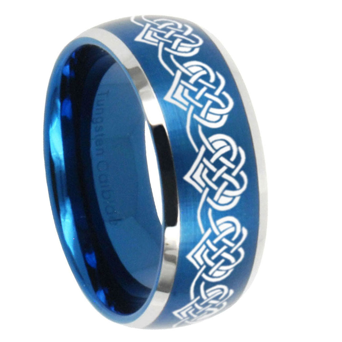 8MM Celtic Knot Heart Dome Brushed Blue 2 Tone Tungsten Ring