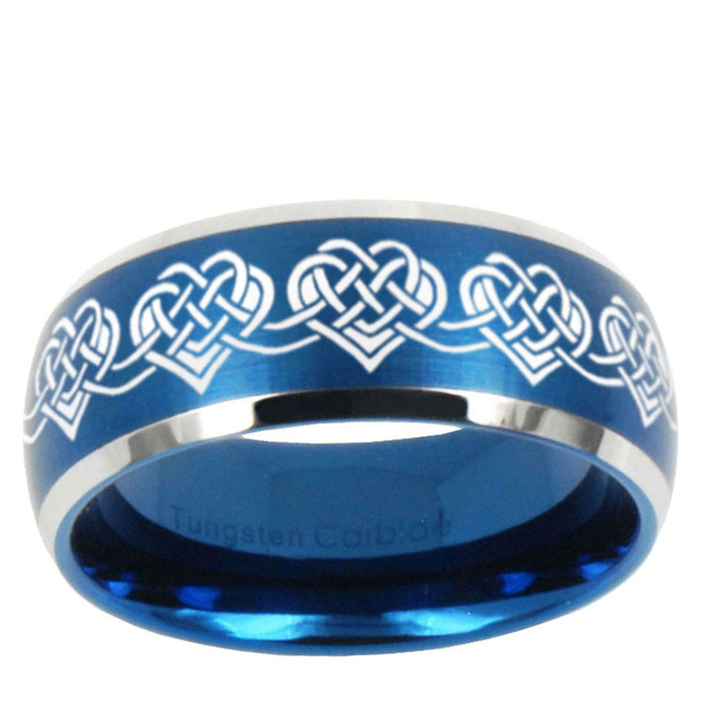 10mm Celtic Knot Heart Dome Brushed Blue 2 Tone Tungsten Mens Wedding Band