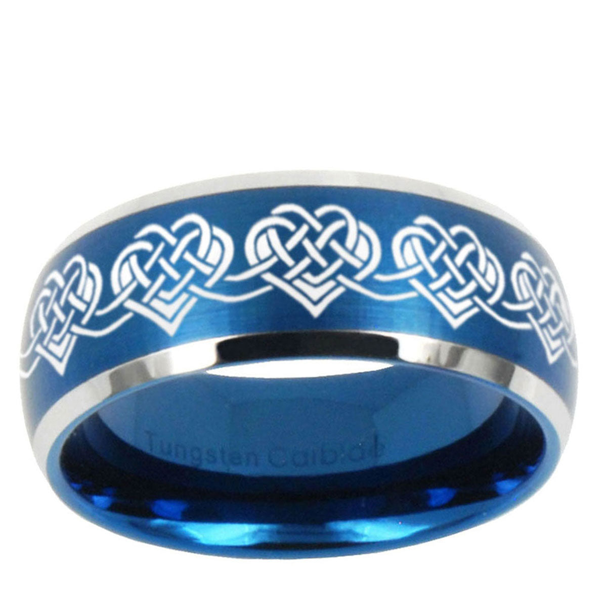 10mm Celtic Knot Heart Dome Brushed Blue 2 Tone Tungsten Mens Wedding Band