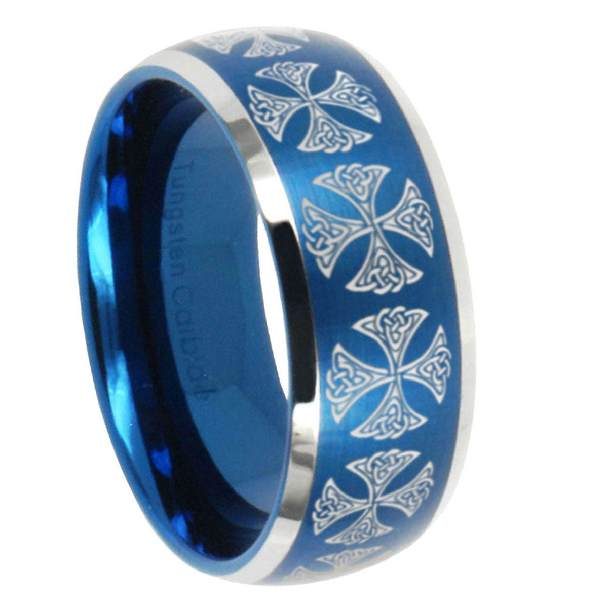 8MM Medieval Cross Dome Brushed Blue 2 Tone Tungsten Ring
