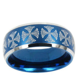 5, 8mm Medieval Cross Dome Brushed Blue 2 Tone Tungsten Mens Promise Ring