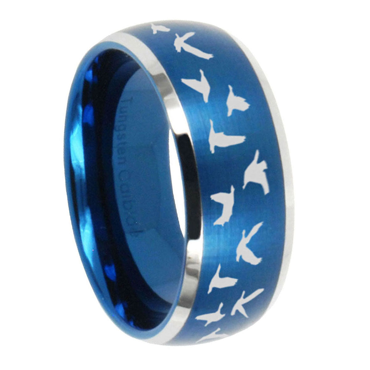 10mm Flying Geese Hunting Dome Brushed Blue 2 Tone Tungsten Mens Wedding Band