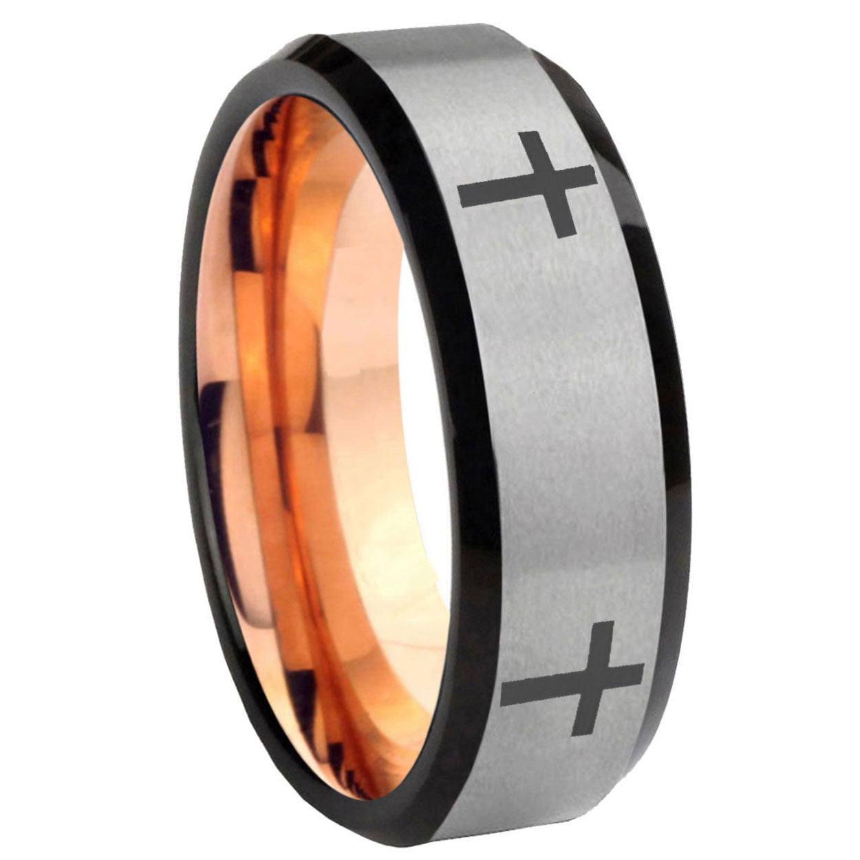 8MM Crosses Beveled Rose Gold Gray Tungsten Ring For Man