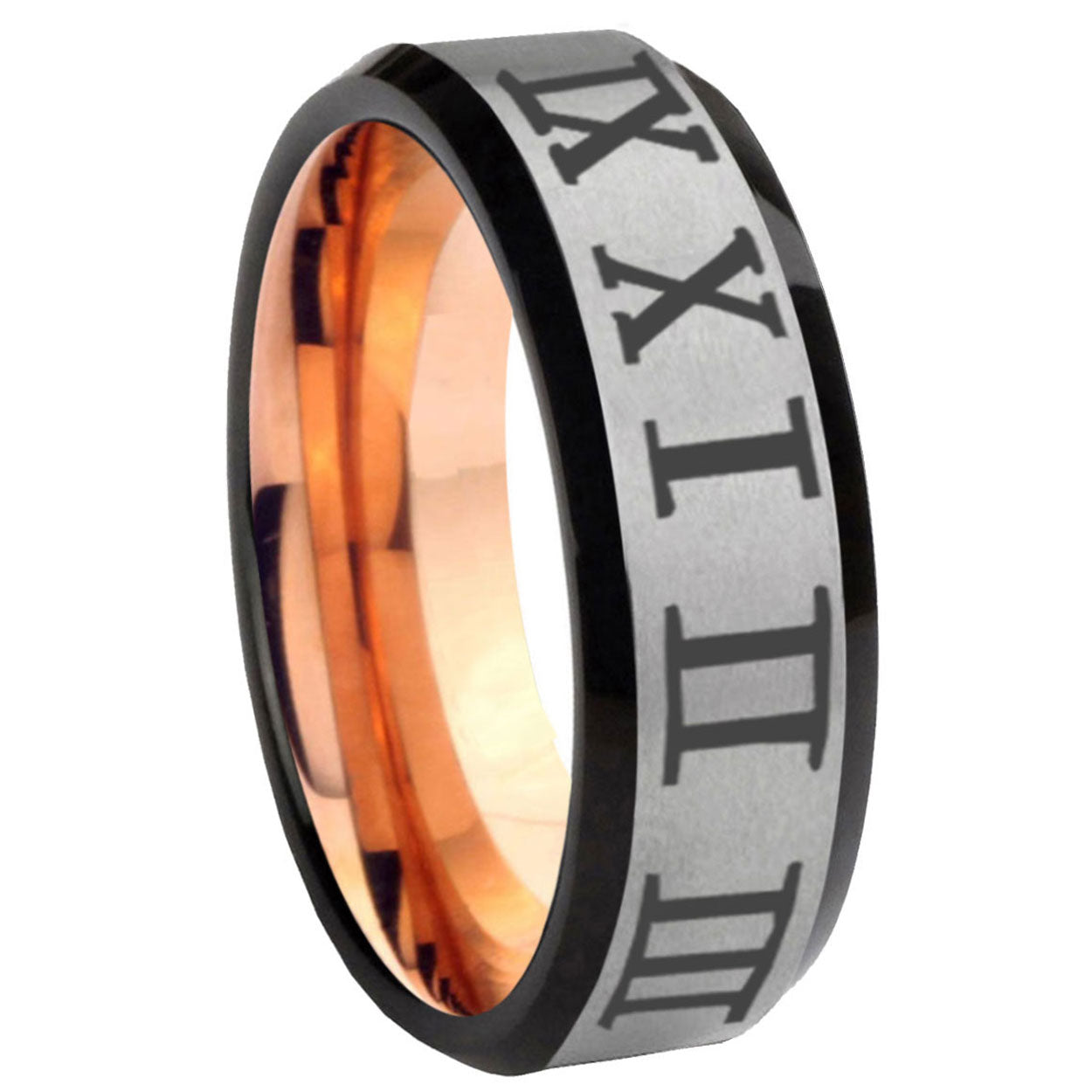 8MM Roman Numeral Beveled Rose Gold Gray Tungsten Custom Ring