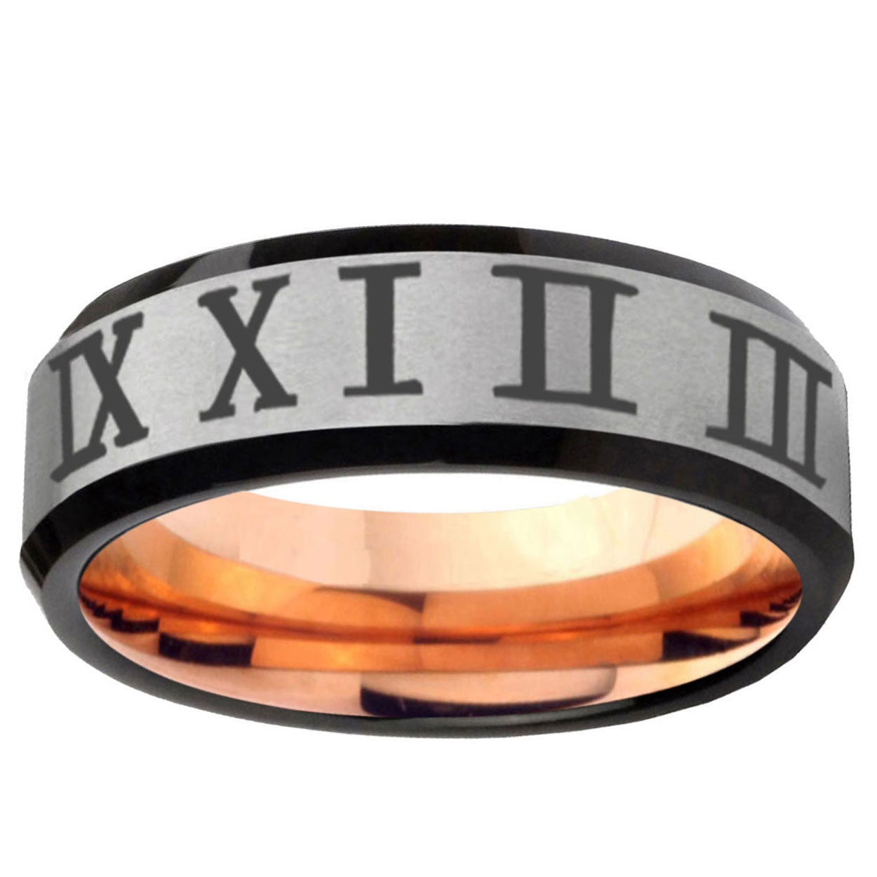 6MM Roman Numeral Beveled Rose Gold Gray Tungsten Custom Ring