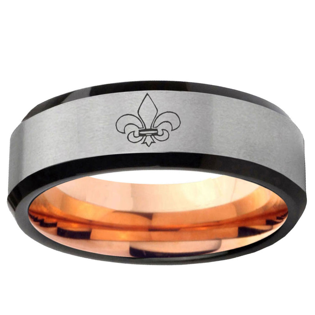 6MM Flaneur-De-Lis Beveled Rose Gold Gray Tungsten Mens Ring