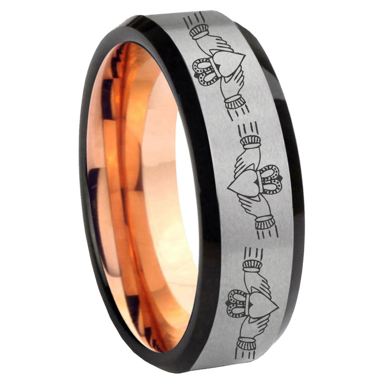 8MM Irish Claddagh Beveled Rose Gold Gray Tungsten Engrave Man Ring