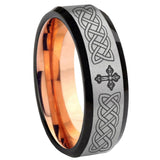 8mm Celtic Cross Beveled Edge Gray And Rose Gold Tungsten Carbide Men Ring