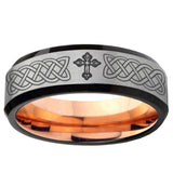 6, 8mm Celtic Cross Beveled Edge Gray And Rose Gold Tungsten Carbide Men Ring