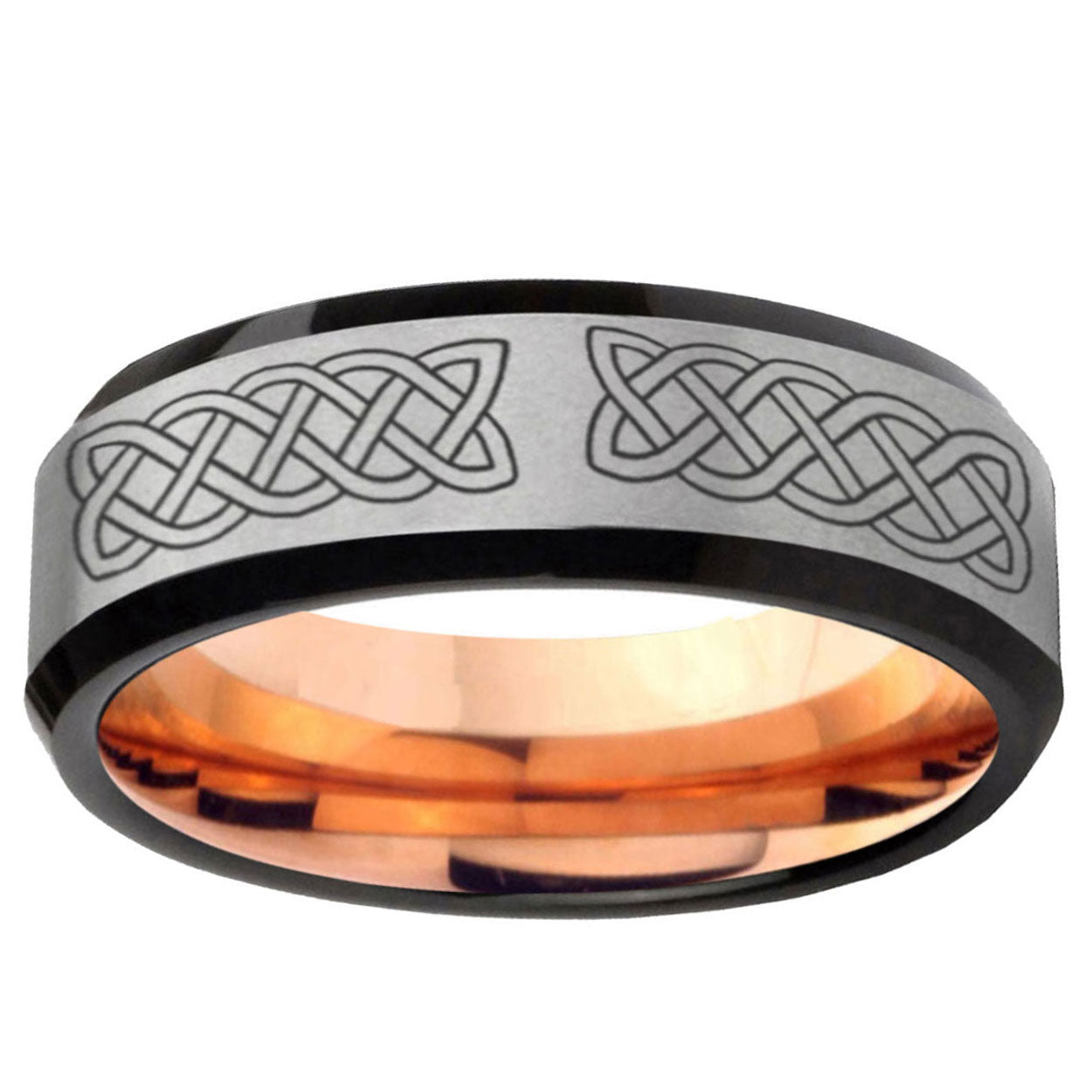 6MM Celtic knot Beveled Rose Gold Gray Tungsten Mens Wedding Rings
