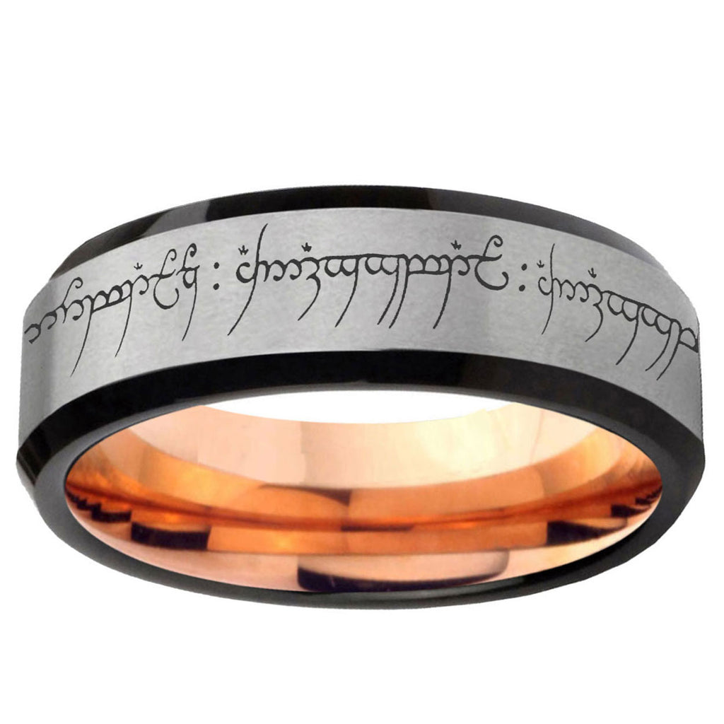 6MM Lord Of The Rings Beveled Rose Gold Gray Tungsten Wedding Band
