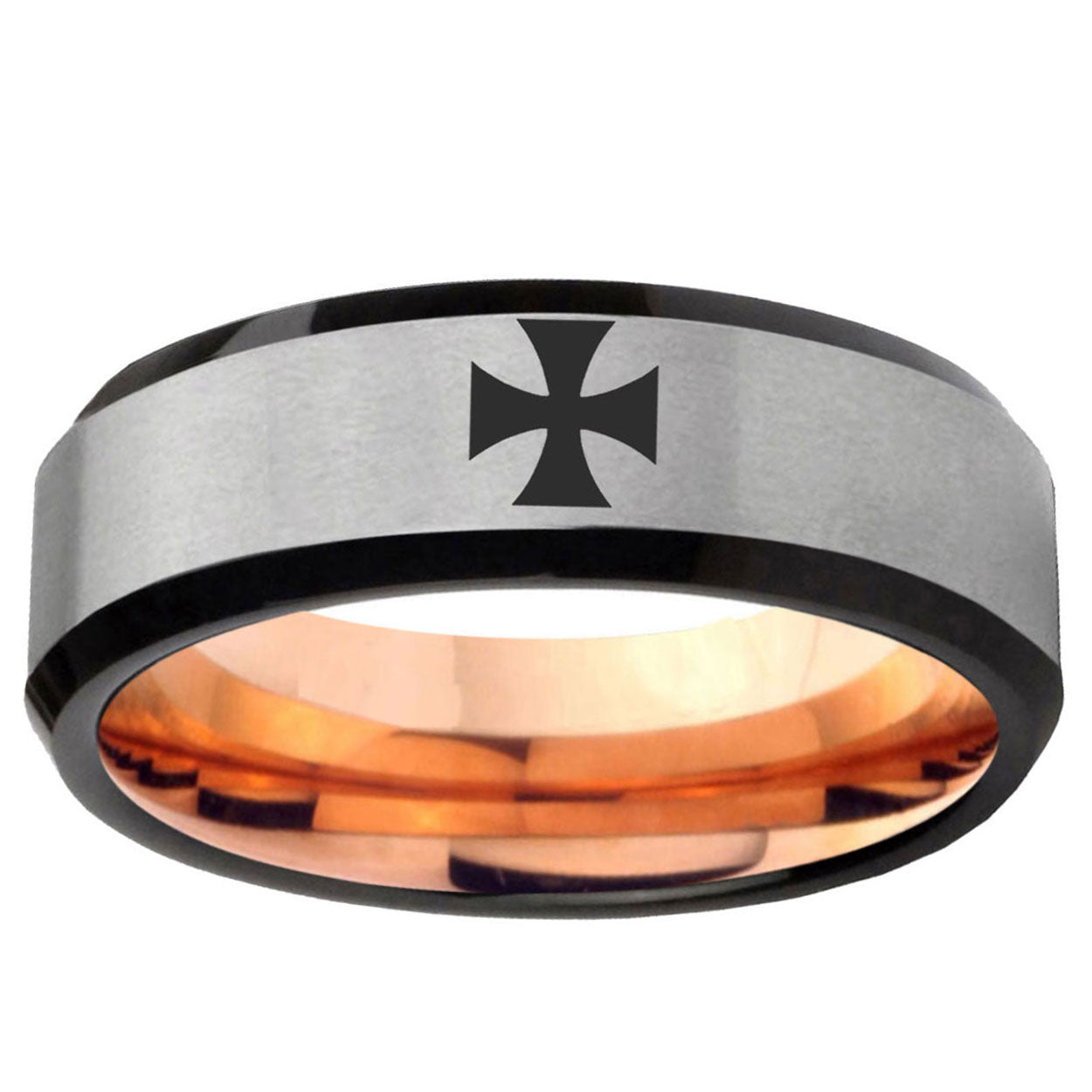 6MM Maltese Cross Beveled Rose Gold Gray Tungsten Ring Men