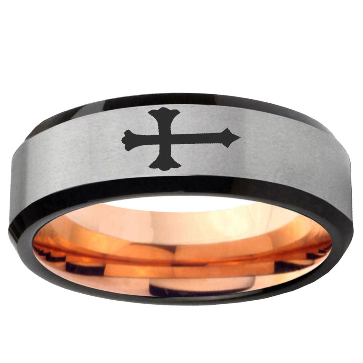 6MM Christian Cross Beveled Rose Gold Gray Tungsten Promise Ring For Men