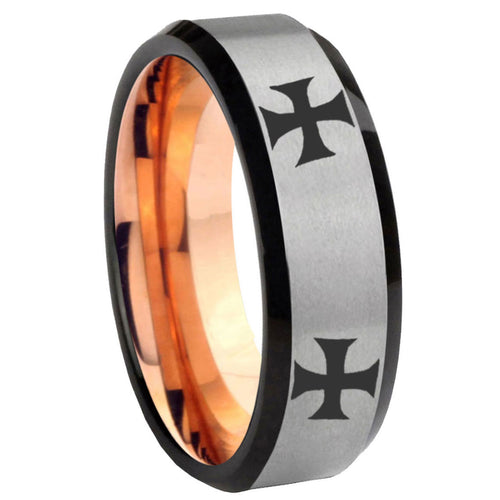 8MM 4 Maltese Cross Beveled  Rose Gold Gray Tungsten Ring