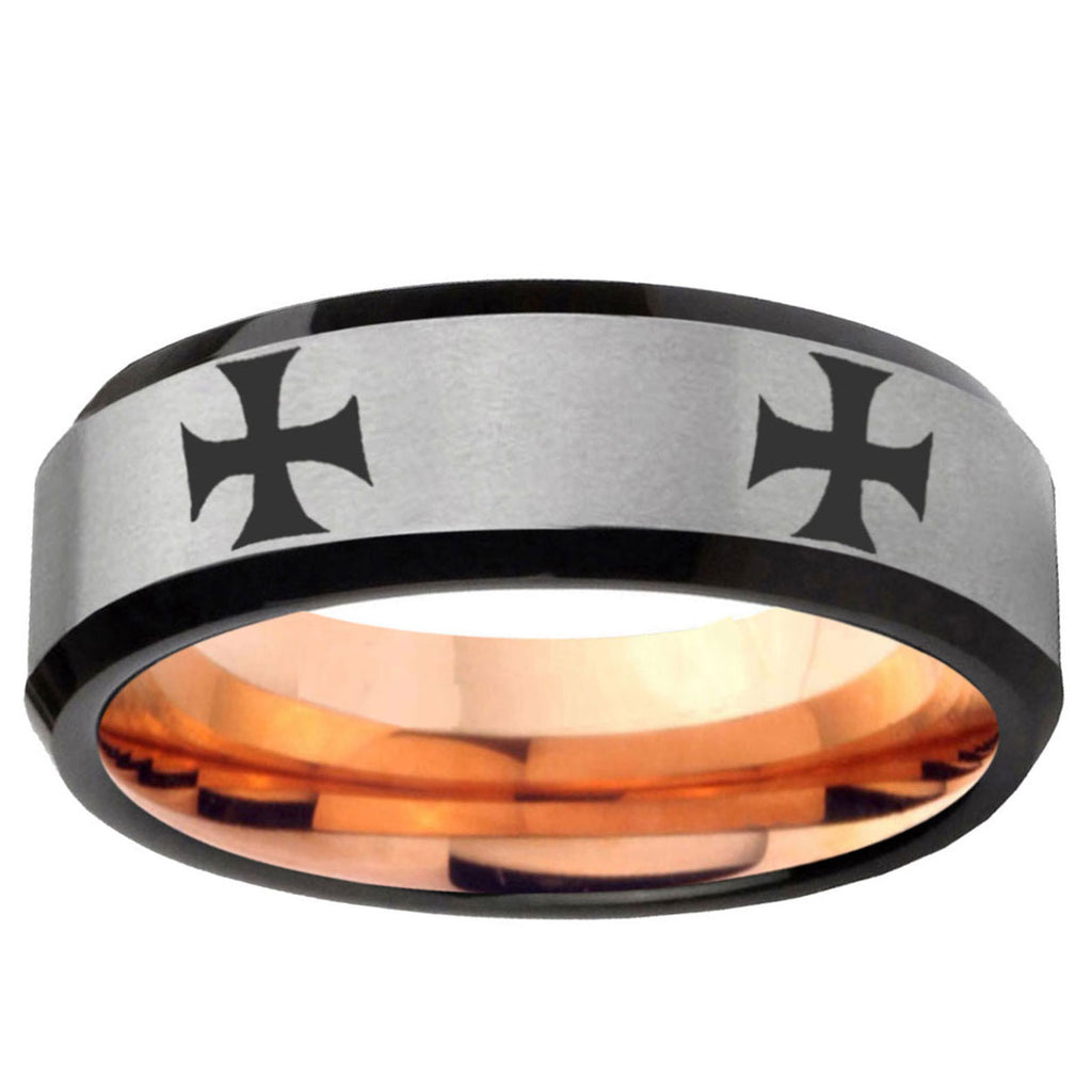 6MM 4 Maltese Cross Beveled  Rose Gold Gray Tungsten Ring