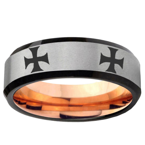 6MM 4 Maltese Cross Beveled  Rose Gold Gray Tungsten Ring