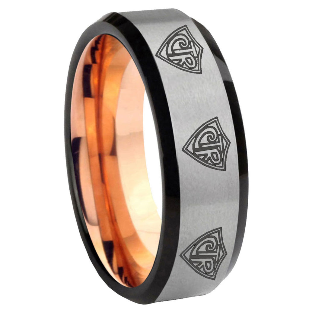 8MM Multiple CTR Beveled Rose Gold Gray Tungsten Mens Casual Ring
