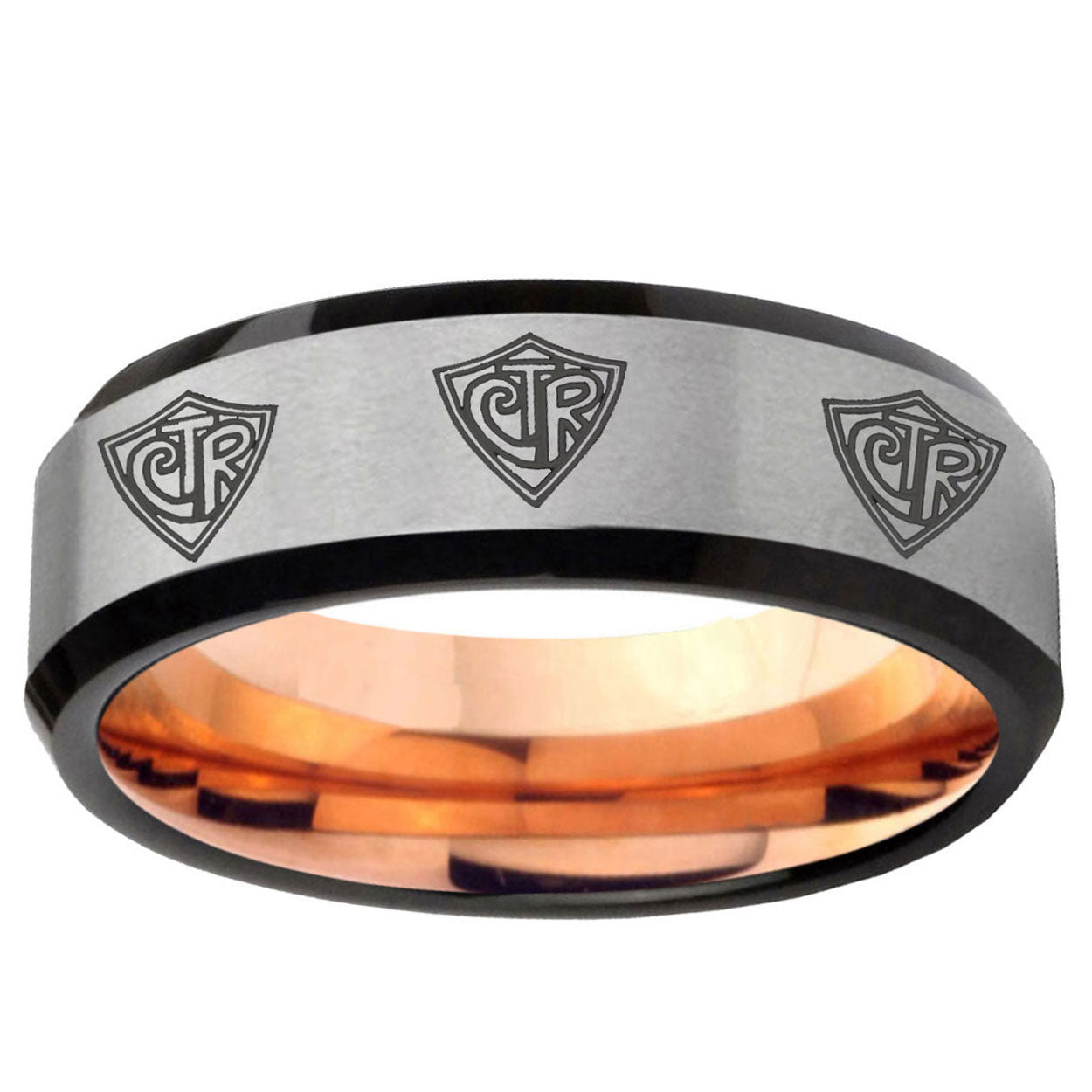 6MM Multiple CTR Beveled Rose Gold Gray Tungsten Mens Casual Ring