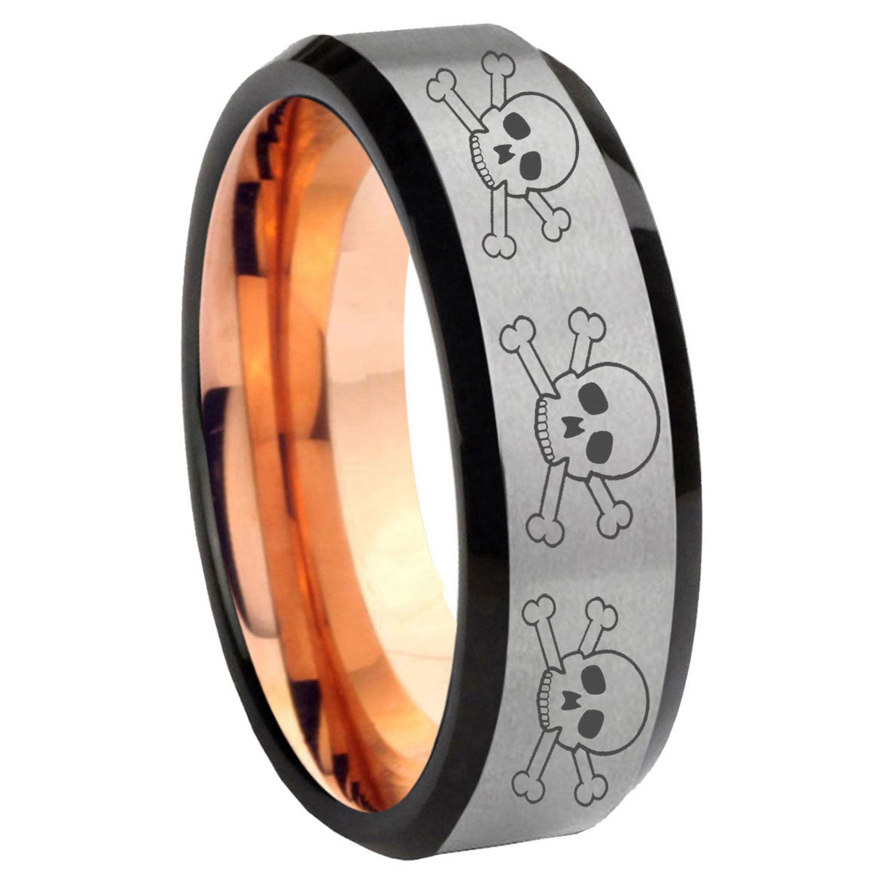 8MM Multiple Skull Beveled Rose Gold Gray Tungsten Comfort Fit Ring