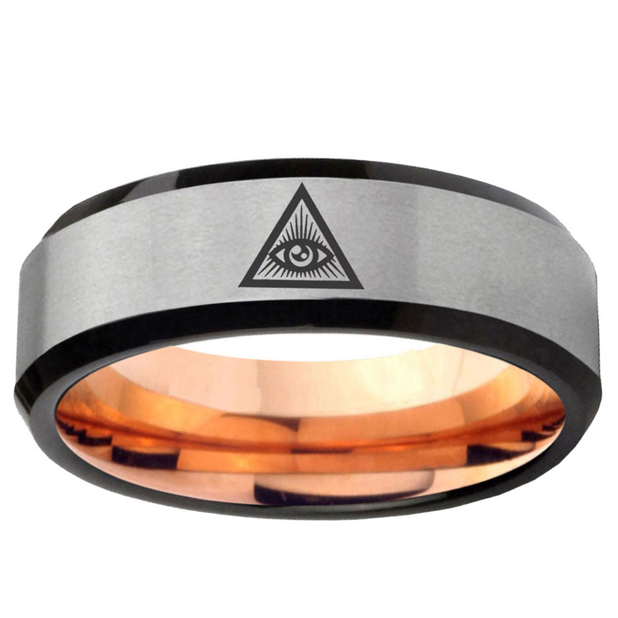 6MM Seeing Eye of Beveled Rose Gold Gray Tungsten Wedding Band Men
