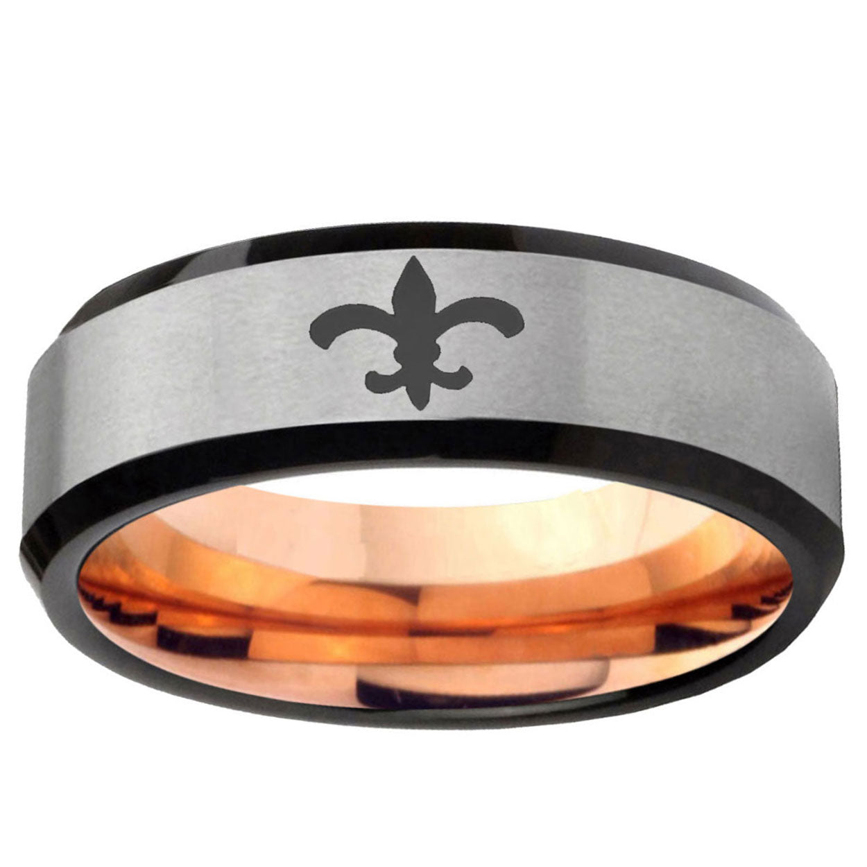 6MM Fleur-De-Lis Beveled Rose Gold Gray Tungsten Wedding Band For Men