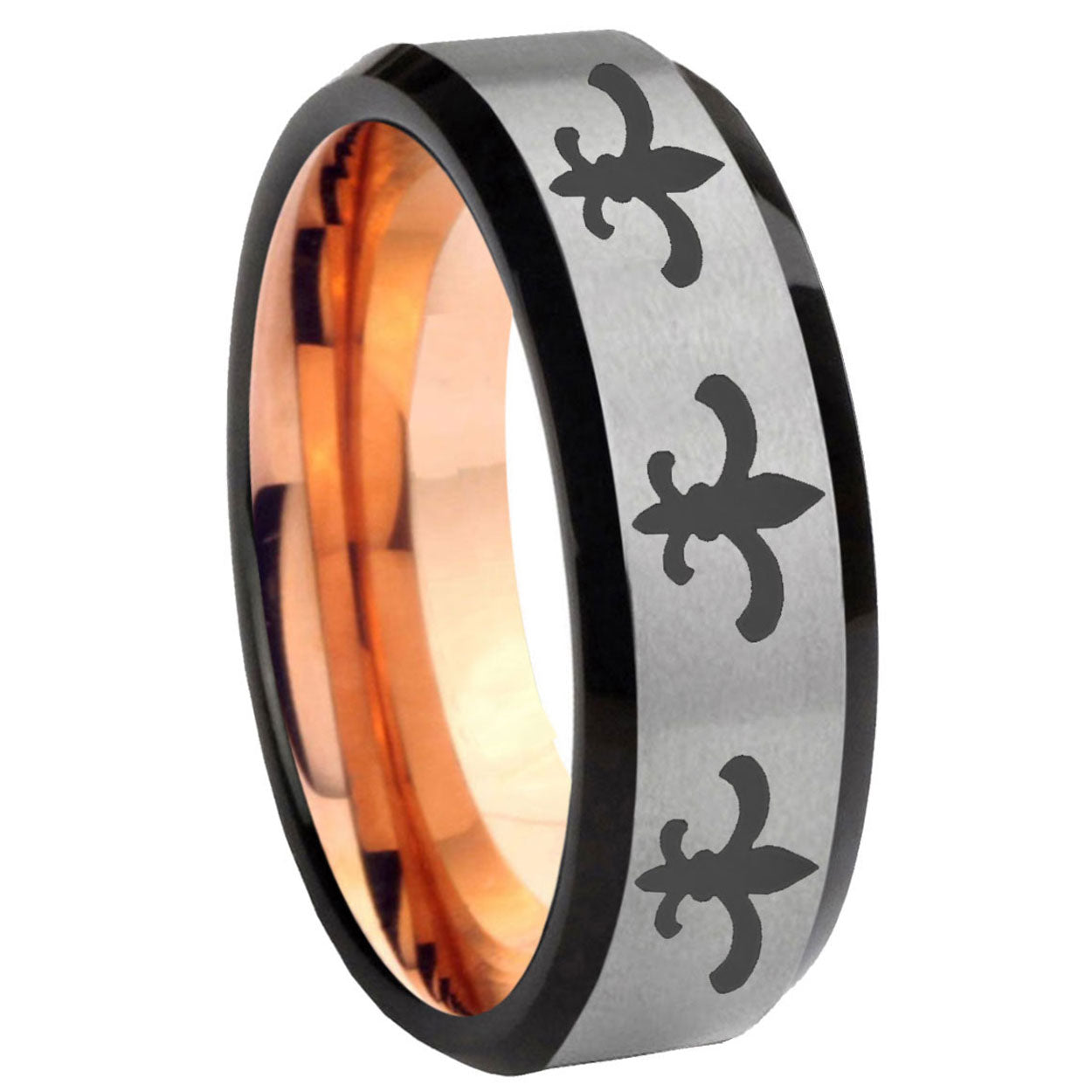 8MM Multiple Fleur-De-Lis Beveled Rose Gold Gray Tungsten Custom Ring