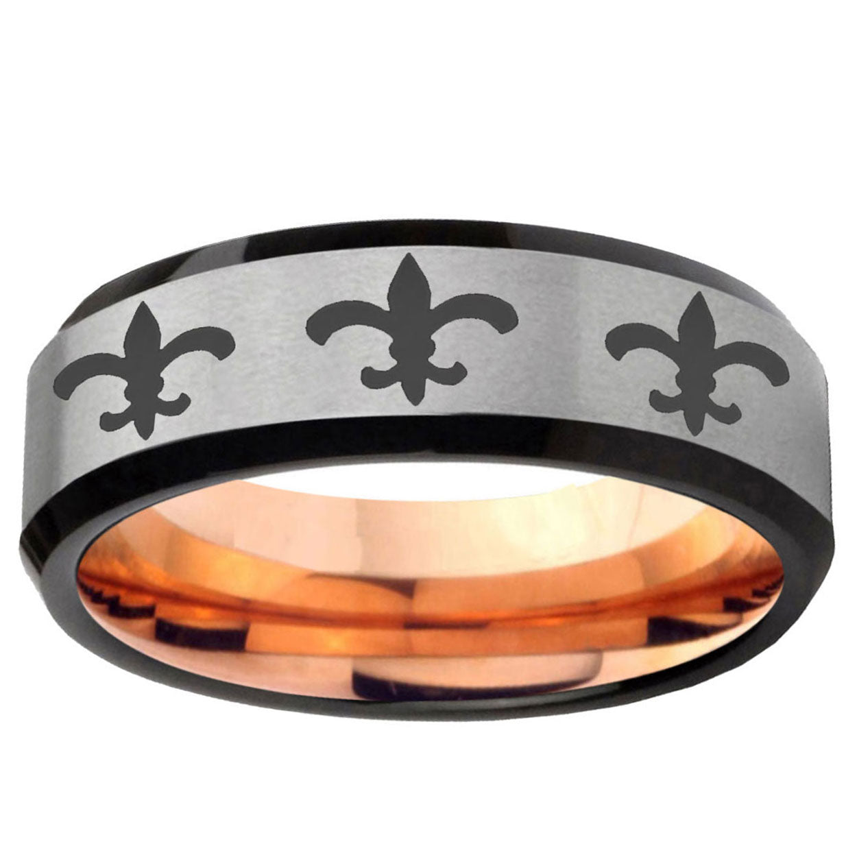 6MM Multiple Fleur-De-Lis Beveled Rose Gold Gray Tungsten Custom Ring