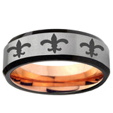 6, 8mm Multiple Fleur-De-Lis Beveled Gray And Rose Gold Tungsten Men Band Ring