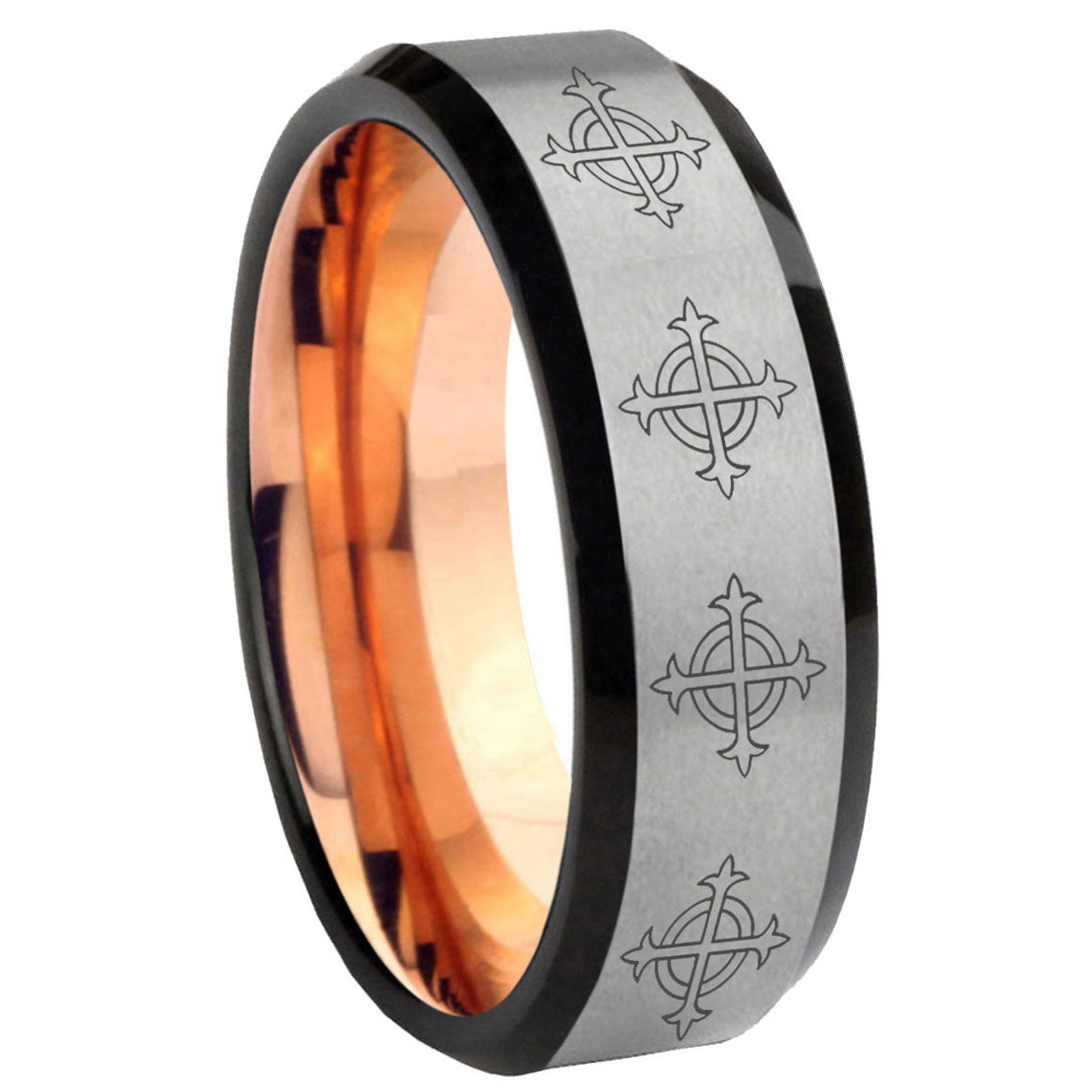 8MM Multiple Crosses Beveled Rose Gold Gray Tungsten Male Wedding Band