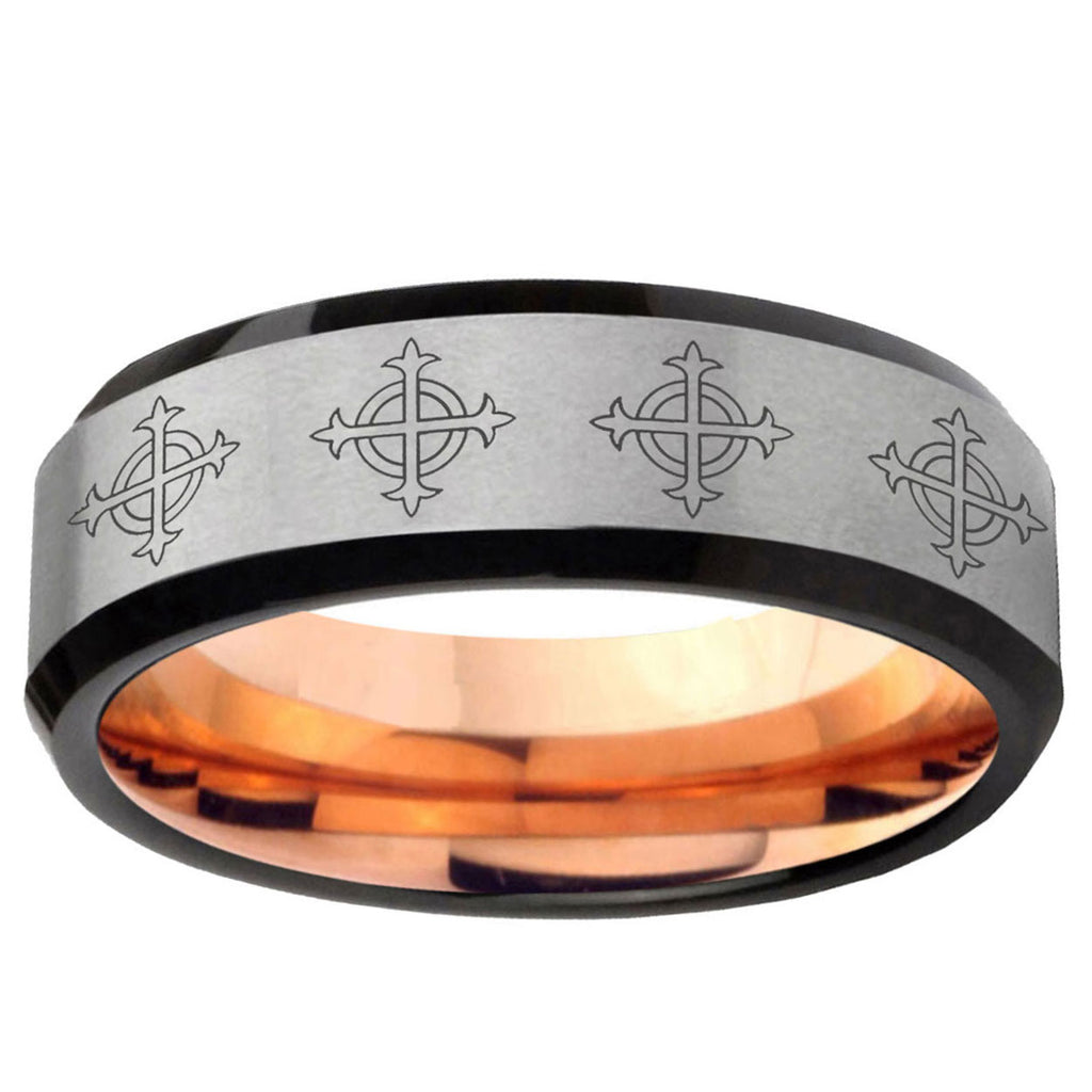 6MM Multiple Crosses Beveled Rose Gold Gray Tungsten Male Wedding Band