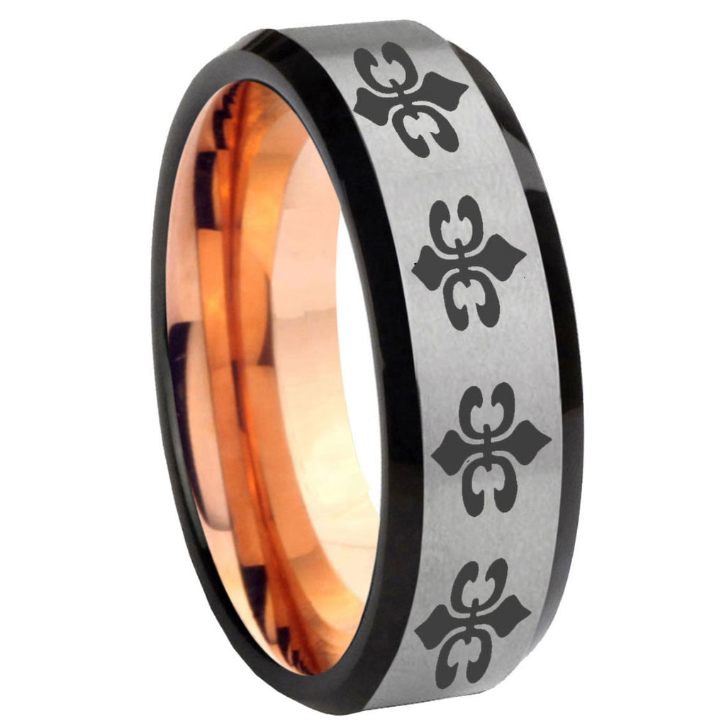 8MM Multiple Fleur Delis Beveled Rose Gold Gray Tungsten Band For Men