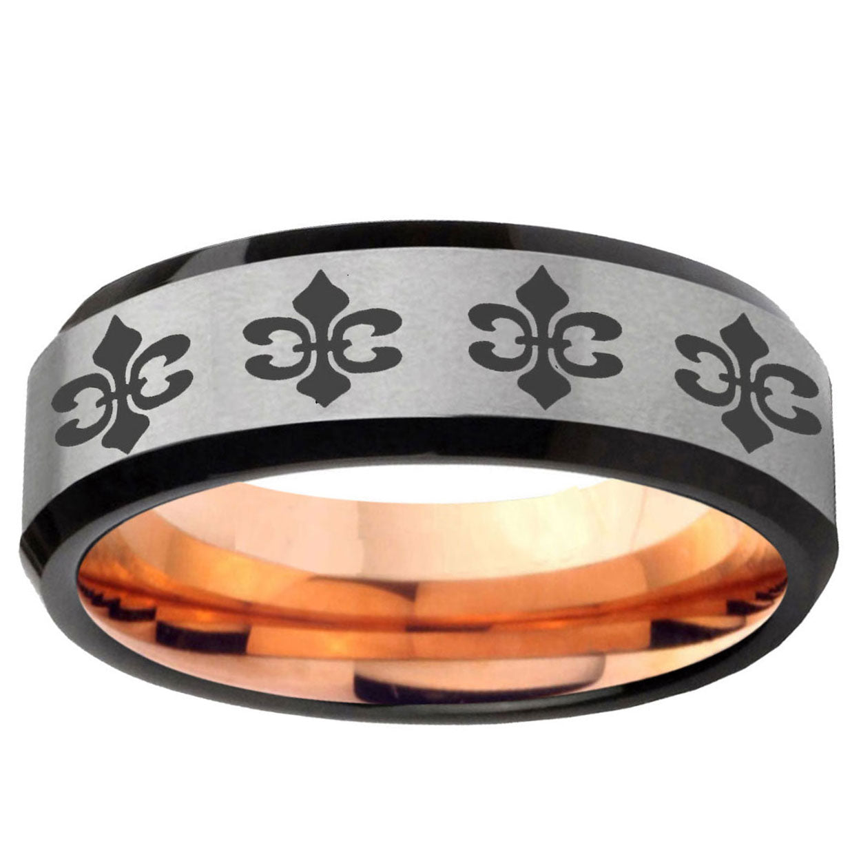 6MM Multiple Fleur Delis Beveled Rose Gold Gray Tungsten Band For Men